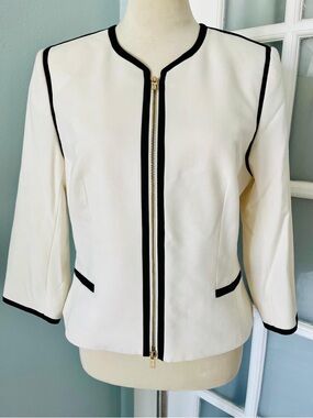 Calvin Klein Cream Zip-Front Blazer with Black Trim